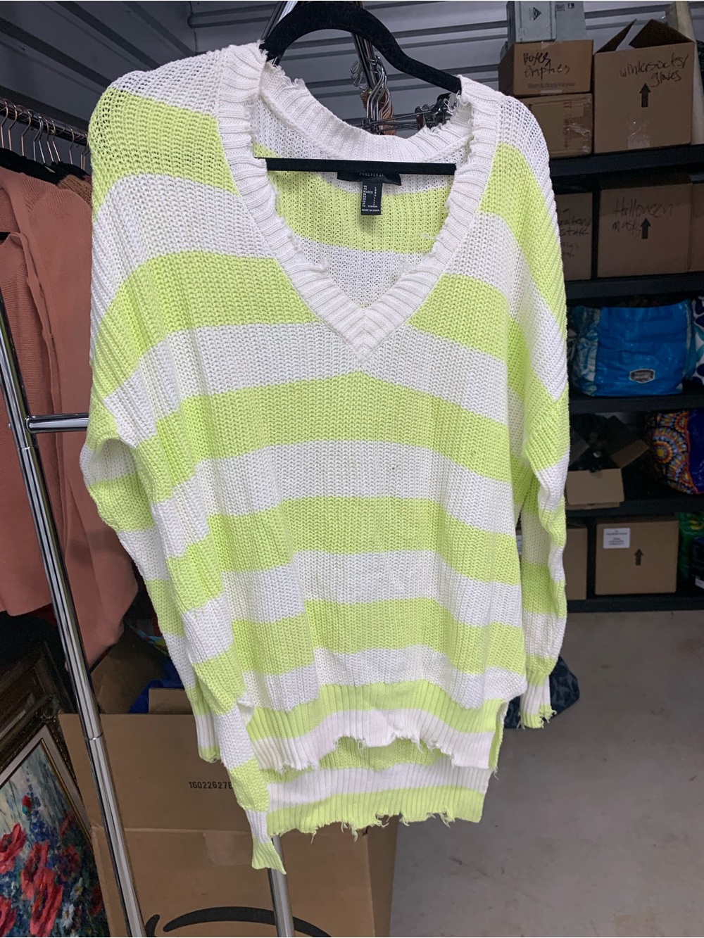 Forever 21 White and Light Green Striped V-Neck Sweater
